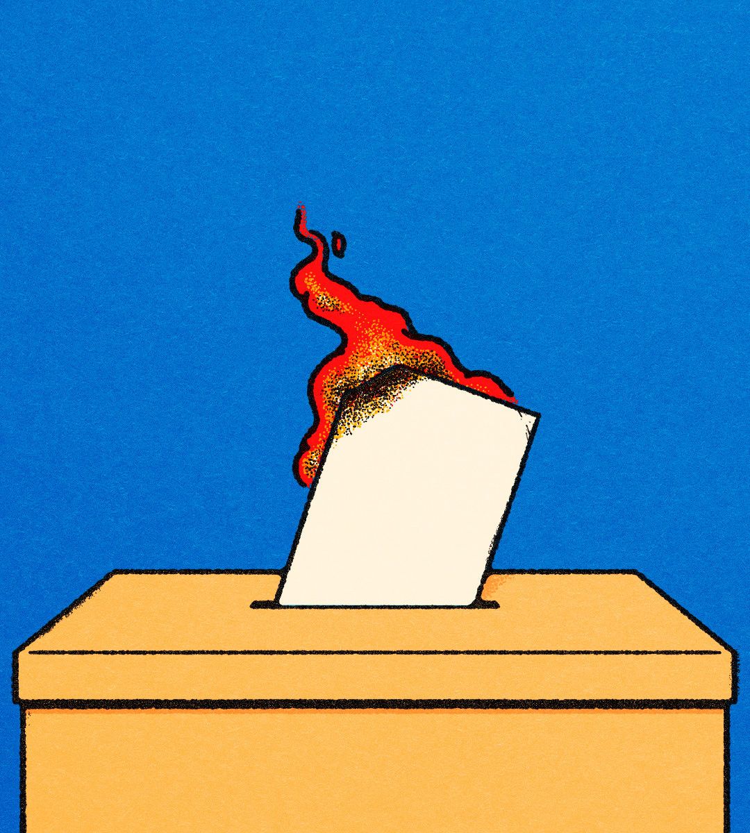 A flaming ballot going into a box