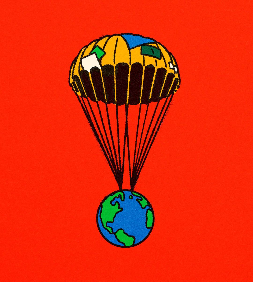 A globe being carried by a patched up parachute.