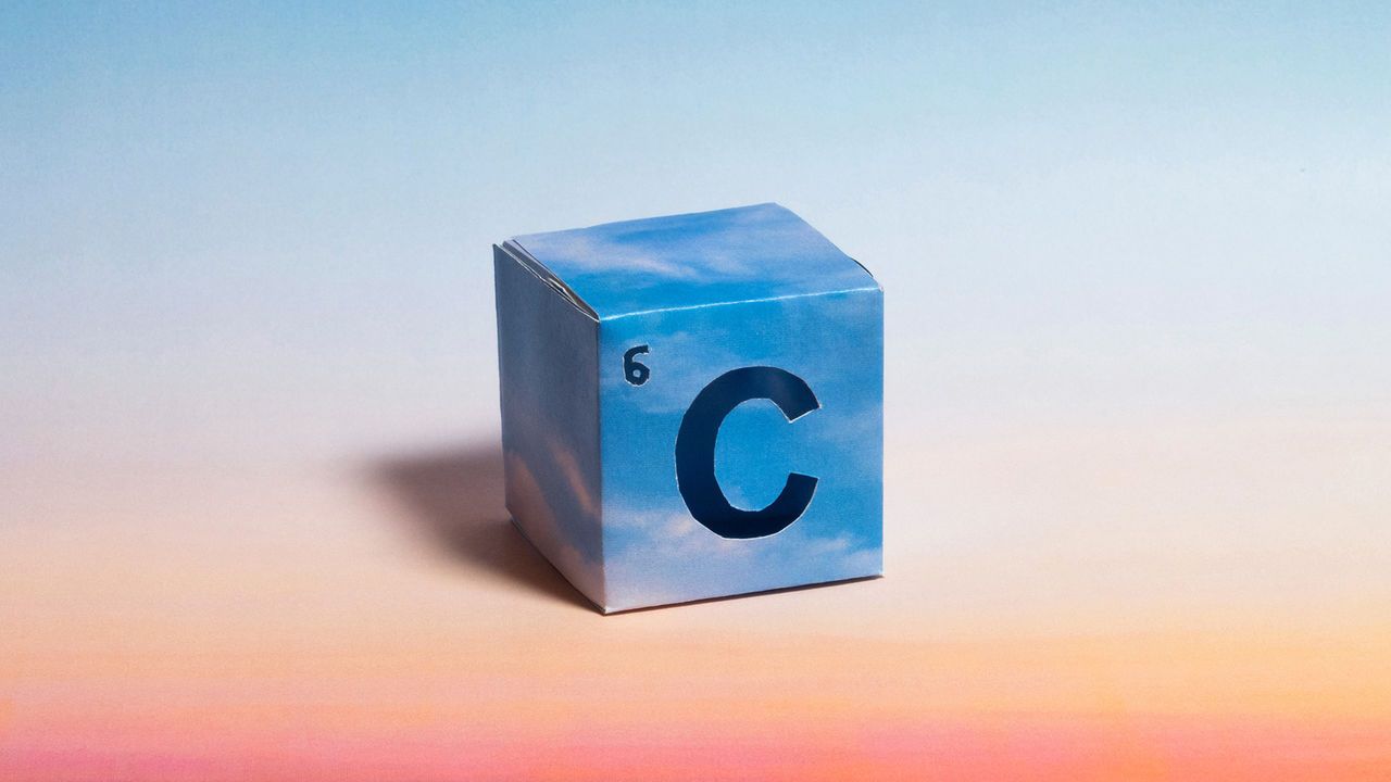 An image showing a cube made up of a cloudy sky with the symbol for carbon from the periodic table against a gradient background.
