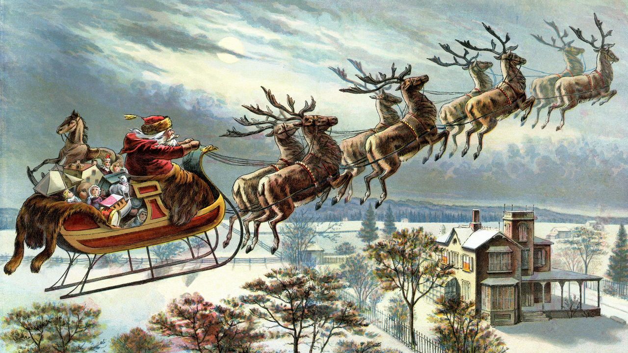 Vintage colour lithograph from 1898 showing Father Christmas and his reindeer flying through the sky.