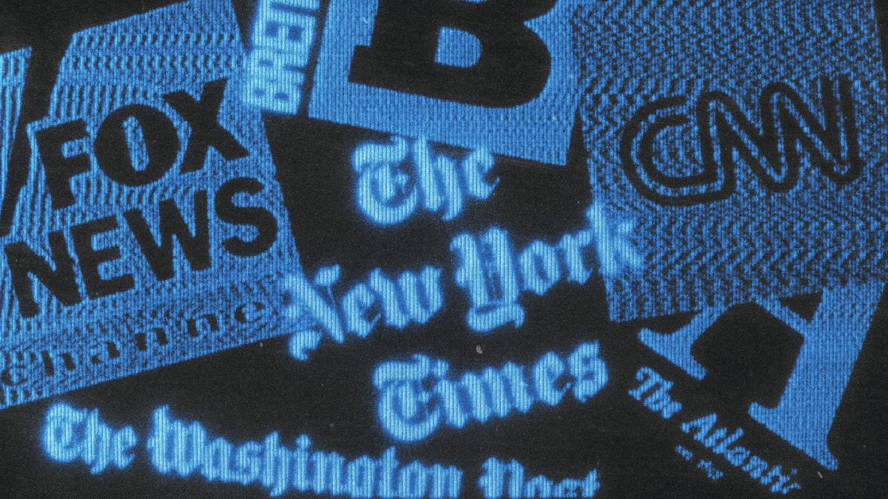 A collage of the logos of American media companies, including the New York Times and Fox News.