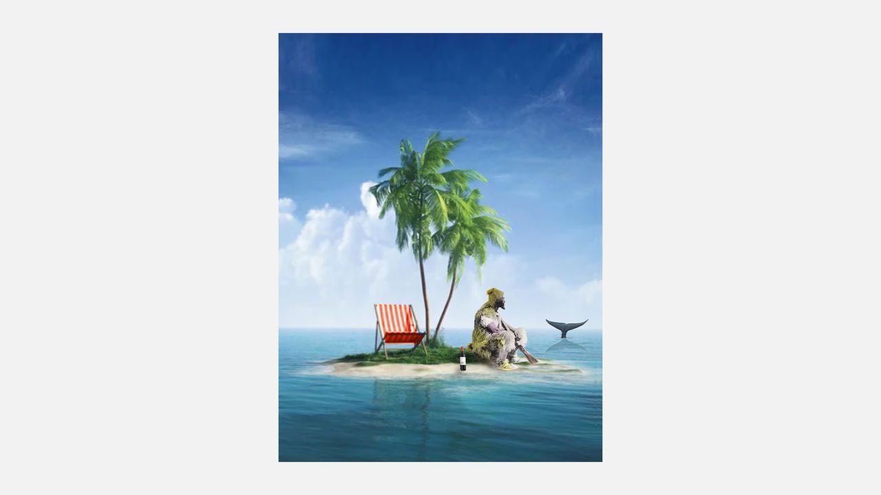 A sketch for the Economist cover of a man sitting on a desert isalnd alongside a bottle of wine and a deck chair