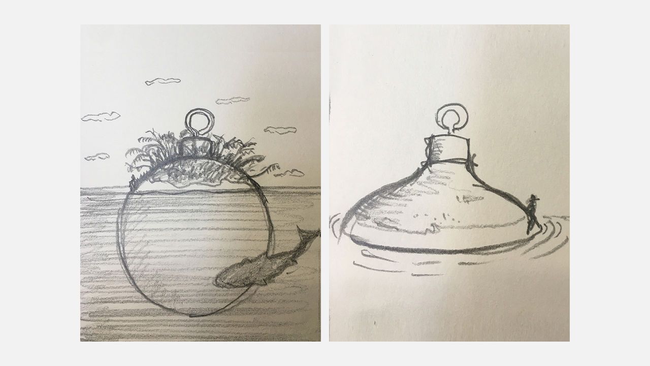 Sketches for the Economist cover of a Christmas baubles submerged in the sea resembling an island