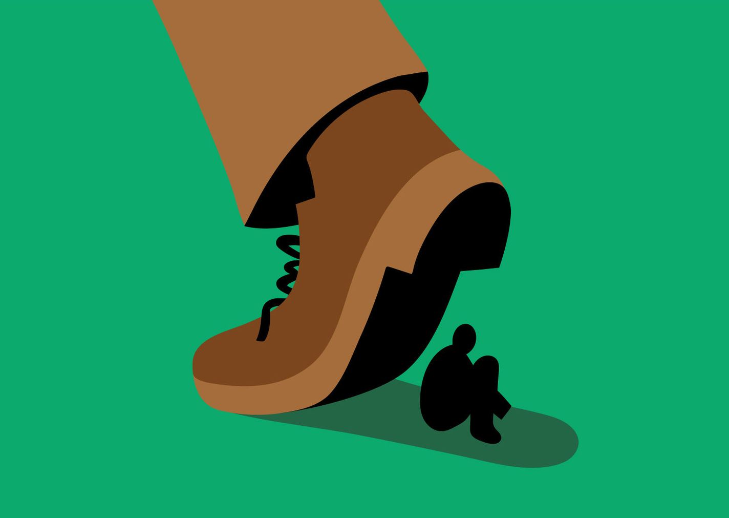 An illustration a small person sitting in the shadow of the shoe of a large person.