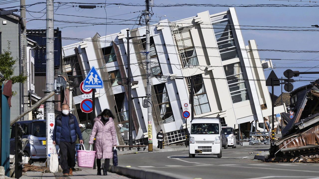 A ollapsed building in Wajima in the central Japan prefecture of Ishikawa following a strong earthquake that rocked a wide area on the Sea of Japan