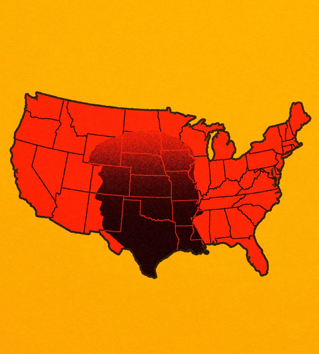 Map of the US with Trump's shadow looming.