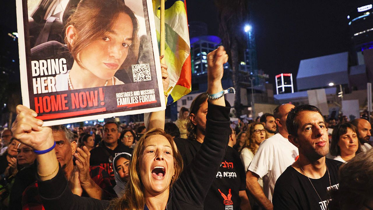 Relatives of Maya Regev, held hostage in Gaza since October 7th, protest asking for the release of Israeli hostages